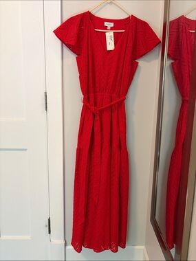 Red Evereve Daisy Eyelet Midi Dress with Tie Waist Like new